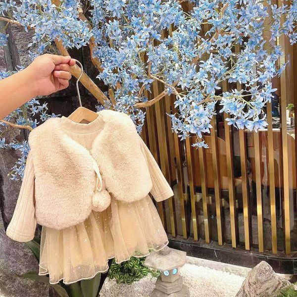 

childhood suit girl's winter children's wtern sle plush princs skirt net red drs rabbit two piece set, Red;yellow