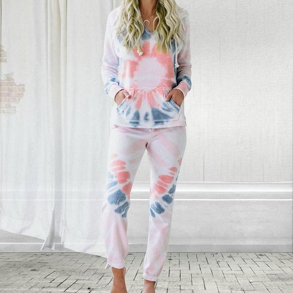 

tie dye print hooded fitness women pajamas two piece sets long sleeve pants female home clothes summer fashion casual lady set, Black;red