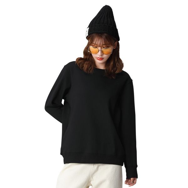 

solid round collar women sweatshirt oversize cotton keep warm hoodie no hood autumn and winter loose pullover, Black