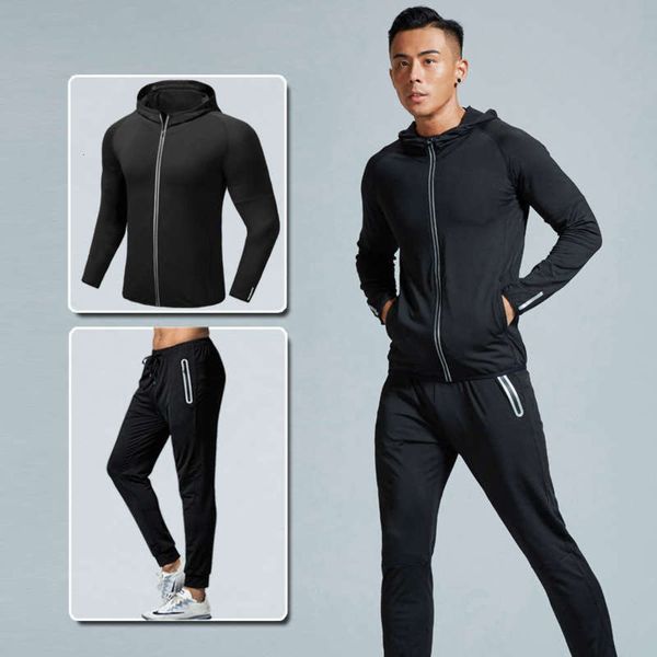 

new fitness men's running suit 2020 gym training coat tights capris two piece set, Gray