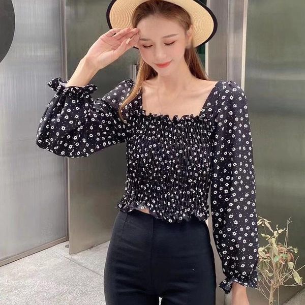 

women's sweaters floral square collar shirt sweet slim long sleeves navel exposed autumn blouse, White;black