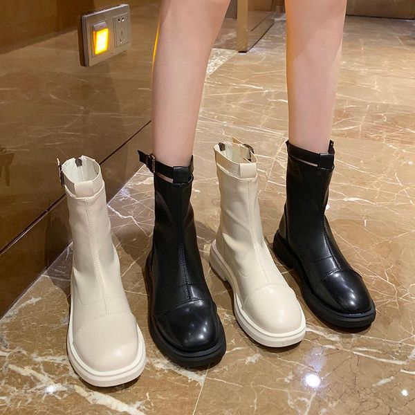 

women's leather boots booties woman 2020 low heel shoes zipper boots-women round toe winter footwear ankle rubber ladies autumn, Black