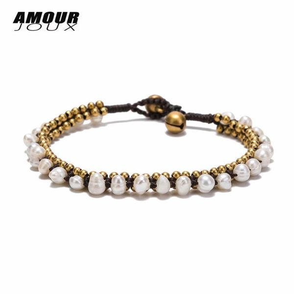 

charm bracelets bohemian handmade natural freshwater pearl alloy beaded chain bracelet for women ethnic wax rope 2021 fashion woman, Golden;silver