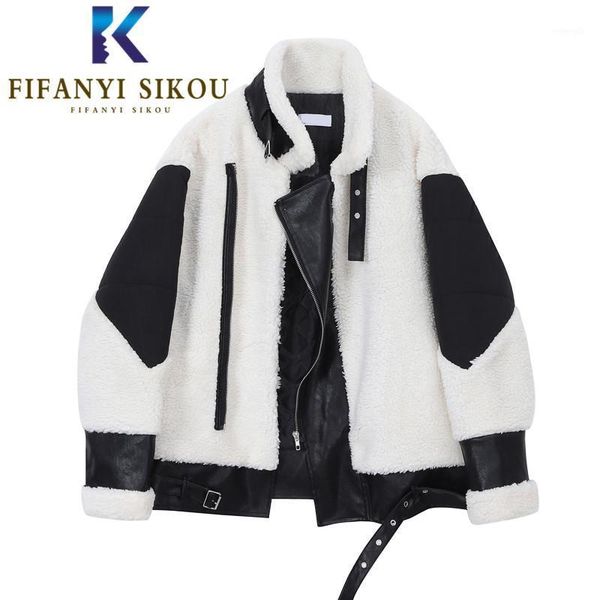 

faux lamb fur jacket women pu leather spliced fashion motorcycle jackets winter thick warm faux fur coat female short plush coat1, Black