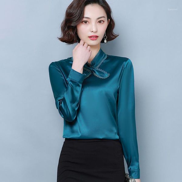 

2020 woman spring & autumn office lady solid color super quality glossy artificial silk blouse1, White