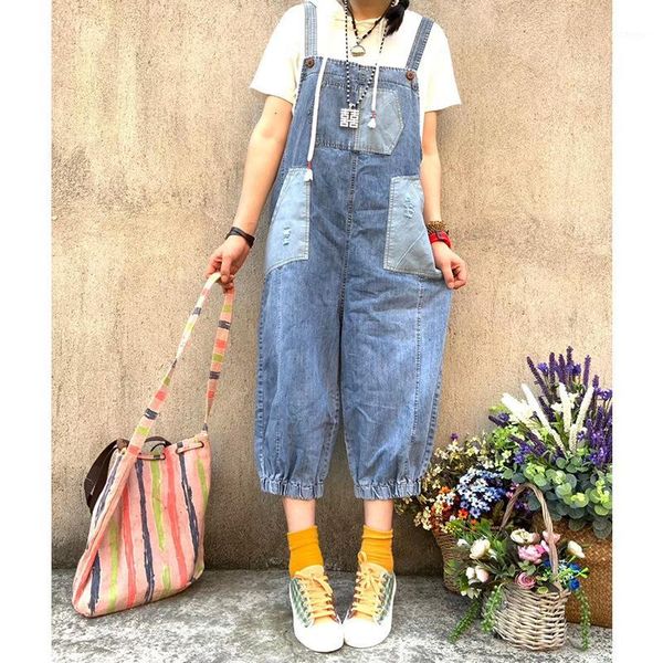 

2020 large size women jumpsuits summer new loose casual denim rompers ladies ripped pocket retro all-match denim jumpsuits1, Black;white