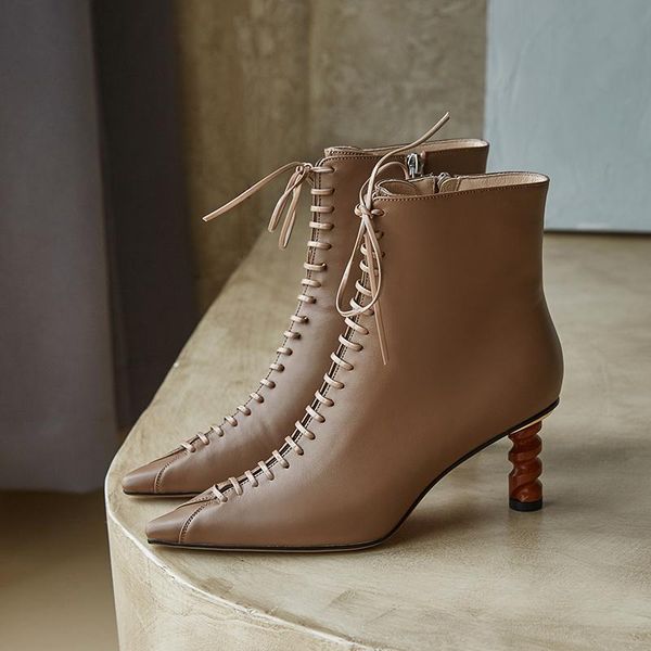

genuine leather women ankle boots cross tied shoes woman pointed toe high heels boots wedding dancing shoes woman, Black
