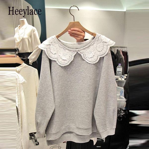 

lace patchwork peter pan collar hoodies women 2020 autumn new losse soft casual simple fashion femme pullovers, Black