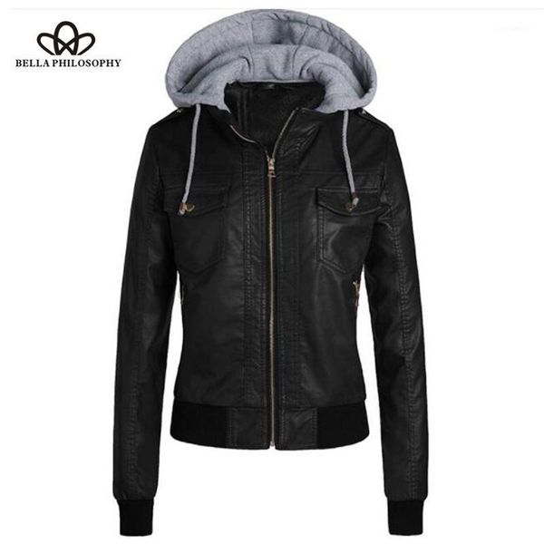 

bella philosophy autumn women jacket hooded zipper jackets faux leather pu female jacket coat pocket ladies fleece1, Black;brown