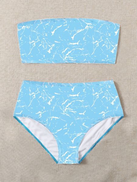 

plus marble print bandeau bikini swimsuit 43e7#, Black