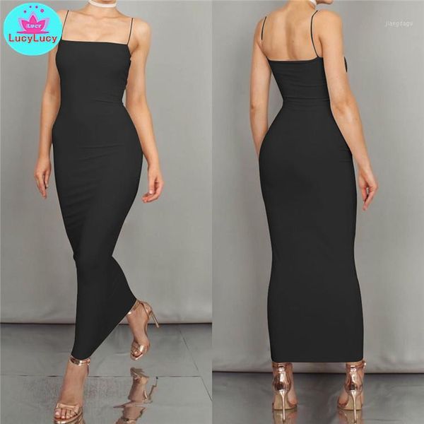 

2020 european and american women's summer new slim tight solid color long dress sleeveless sheath cotton1, Black;gray