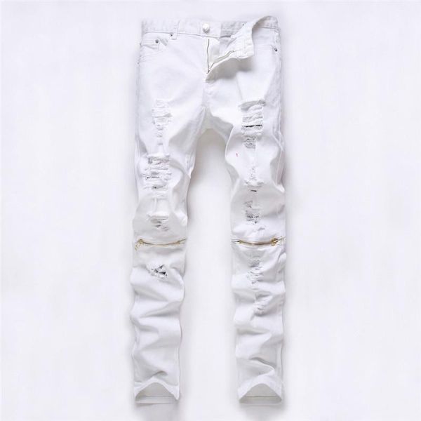 

новые мужские джинсы slim fit стрейч брюки тенденция молния дыра разрушена бренд давно бренд для мужчин случайные челнока, Blue
