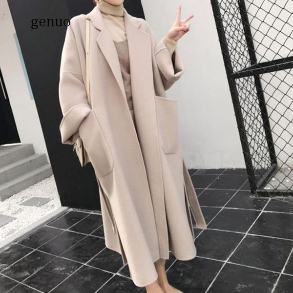

wool coat women abrigos mujer invierno 2020 casual belt solid black long sleeve woolen coat1