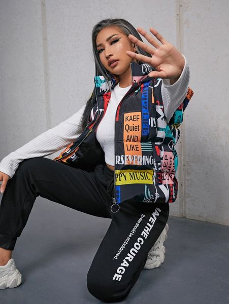 

letter graphic o-ring zipper hooded vest puffer coat m9om#, Black