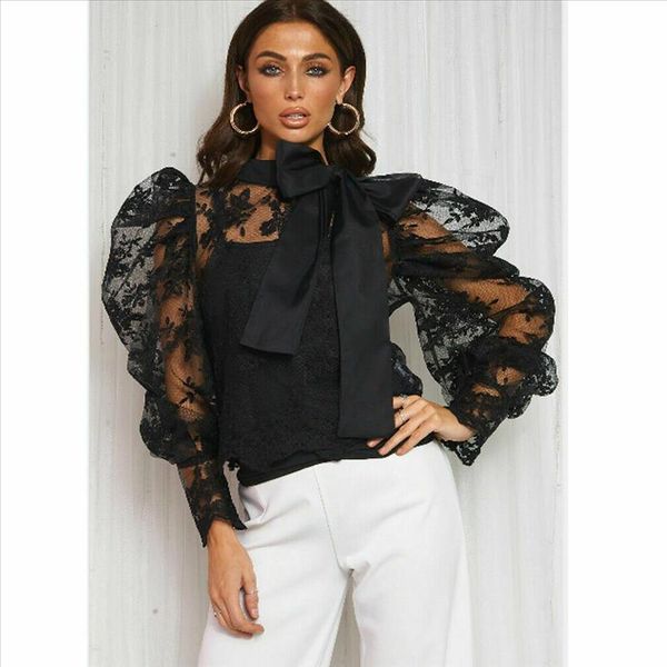 

fashion womens mesh puff long sheer sleeve blouse bowknot shirt party club lace flower see through baggy tunic clothing, White