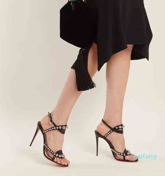 

2022 women sandals shoes high heels stud-embellished leather, Black