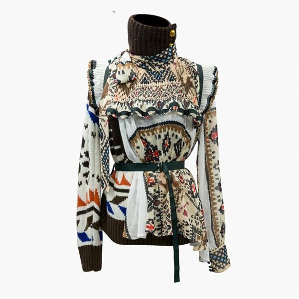 

print asymmetrical women's sweaters turtleneck long sleeve high waist with sashes ruffles irregular sweater female1, White;black