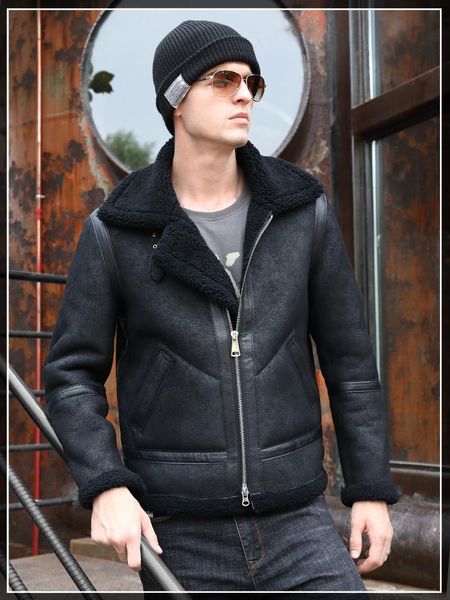 

men's leather & faux real jacket short winter coat men genuine shearling vintage motorcycle jackets 5265 kj3291, Black