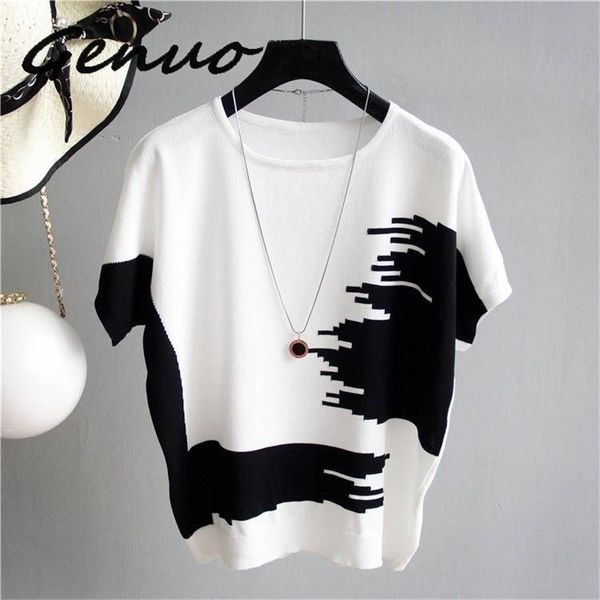 

women sweater pullover thin rib knitted cotton patchwork o neck crop unif essential jumper short sleeve sweaters summer lj201127, White;black