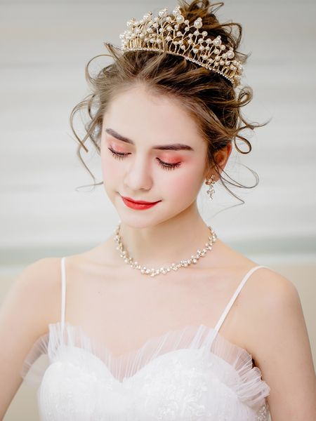 

bridal headdress three piece european imitation pearl crown gold necklace set wedding dress accessories, Silver