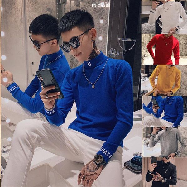 

half high neck sweater men's new embroidered t-shirt for fall / winter 2020, White;black