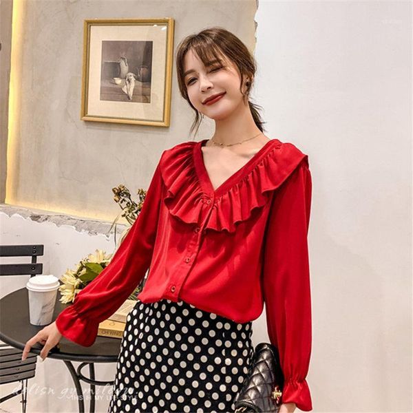 

women's blouses & shirts korea women shirt single breasted red chiffon office blouse ruffles v-neck blusas female1, White