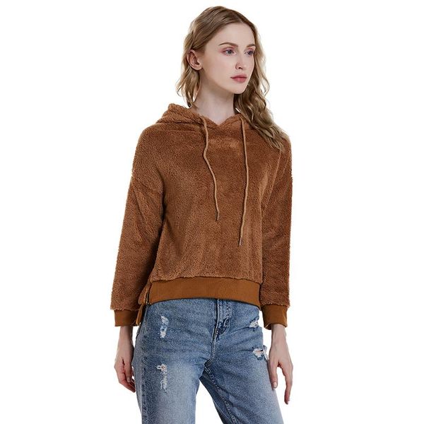 

women plus velvet hooded coats autumn winter double-faced velvet sweatshirt solid long sleeve casual pullovers, Black;brown