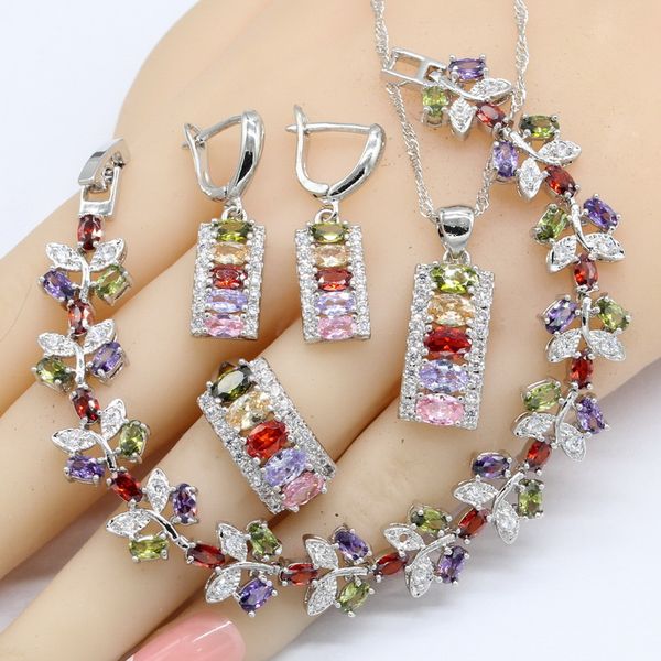 

multicolor cubic zirconia silver color wedding jewelry sets for women bracelet earrings necklace pendant rings gift box