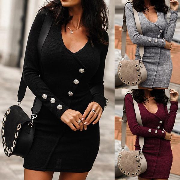 

autumn winter women knitted skinny button dress v-neck slim bodycon dress elegant party vestidos plus size 2xl1, Black;gray