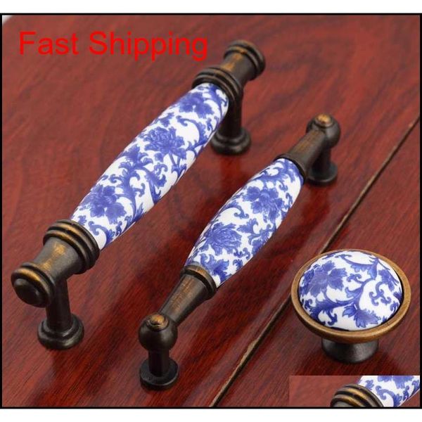 

european 96mm bronze dresser white and blue drawer cabinet pull blue flower ceramic handle f qyldso yh_pack