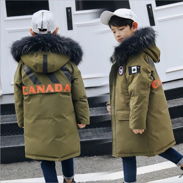 

children boy winter jacket real fur hooded long coat parka kids big school 8 10 14 teens boy -30 russia winter clothing overcoat, Blue;gray