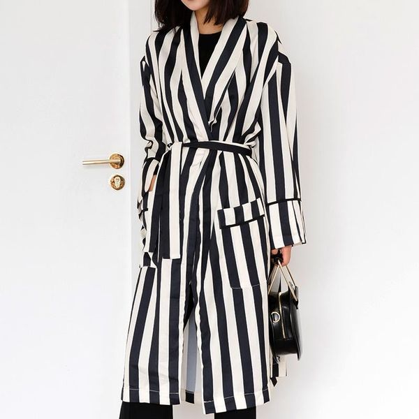 

new striped cardigan jacket windbreaker 2020 autumn european and american long sleeved waist waist lace up temperament long1, Tan;black