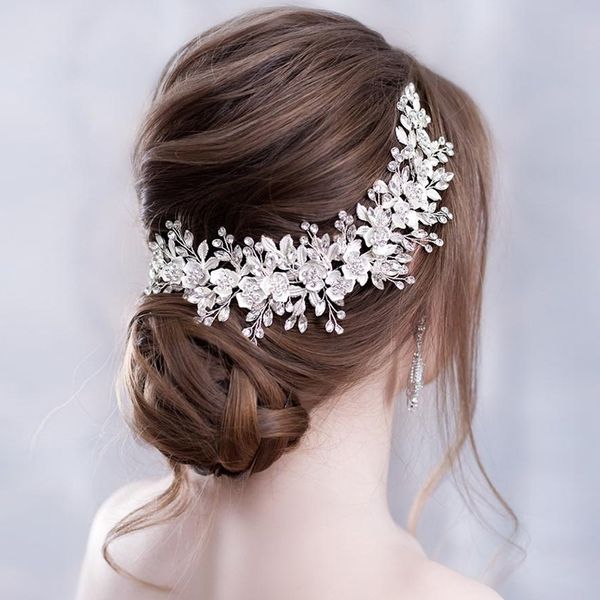 Trendy Gümüş Çiçek Gelin Kafa Bandı Prom Tiara Düğün Saç Aksesuarları El Yapımı Saç Vine Kristal Kafa Bandı Gelin Saç Takı Y200409