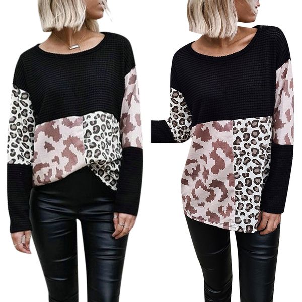 

autumn new fashion leopard stitching women jumpers round collar long sleeve knitted streetwear slim ladies pullover sweater, White;black
