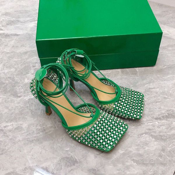 

new bling crystal diamond square toe women sandals net design cross tied party runway shoes real leather air mesh high heels woman, Black