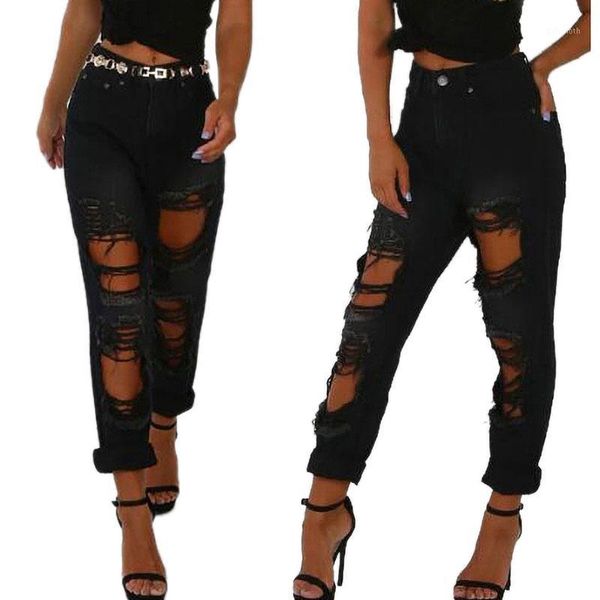 

2020 ripped jeans high wais women fashion ripped jeans women's straight pants personality big hole black pants denim1, Blue