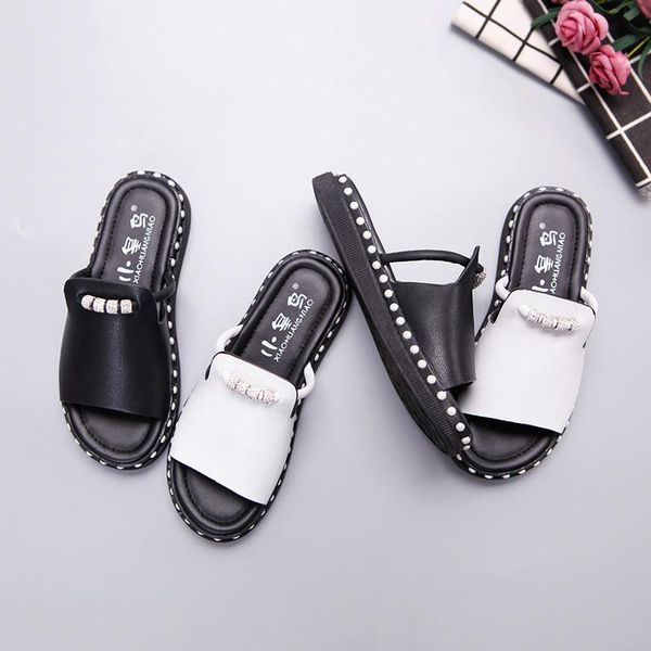 

slipper girls slippers girl princess shoes childrens summer holiday open toe beach rhinestone white leather flats, Black;grey