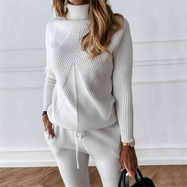 

women's two piece pants thru-high neck tracksuit and stretch pant women set knitted solid color striped pullover autumn e es23, White