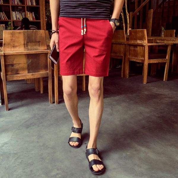 

2020 summer new cotton linen shorts men's casual and comfortable solid color capris youth trend beach pants loose, White;black