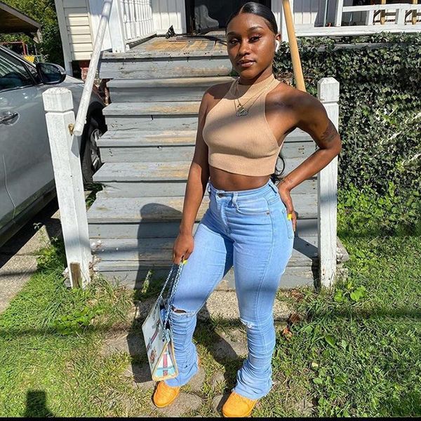 

tk008 2020 autumn streetwear jeans high waist solid jeans women fashion skinny pockets female trouser1, Blue