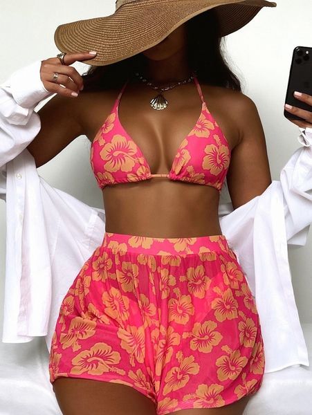 

3pack floral print halter bikini swimsuit & beach skirt e2y0#, White;black