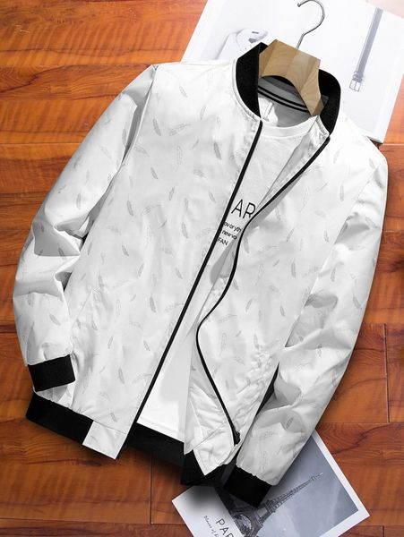 

men feather print zip up bomber jacket m35c#, Black;brown