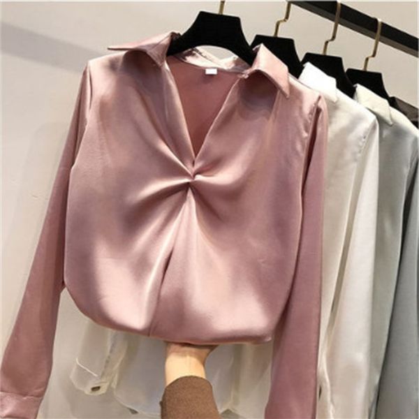 

2021 new women's fashions sleeves vintage satin femme v neck elegant casual shirts sleek imitation silk blouse plus size wfkd, White