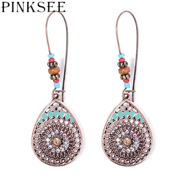 

pinksee bohemian ethnic hollow water drop wooden beads natural stone crystal pendant earrings women fashion personality jewelry, Golden;silver
