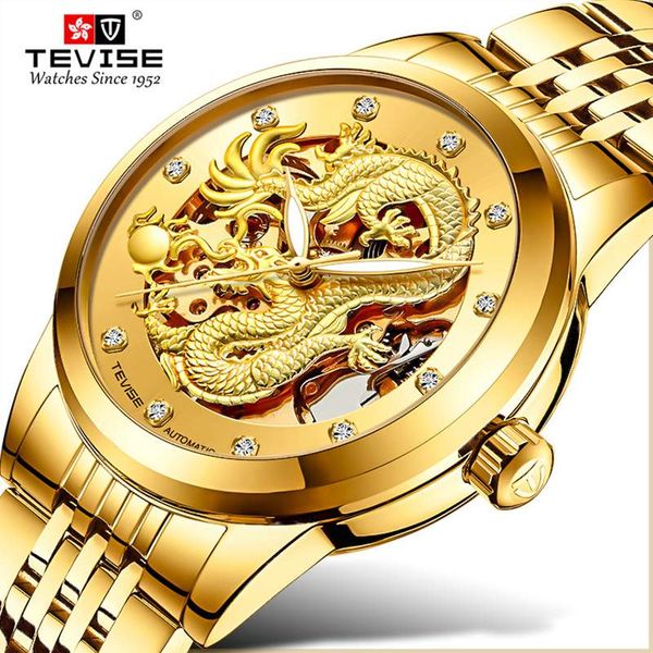 

tevise luxury golden dragon design mens watches stainless steel skeleton automatic mechanical watch waterproof male clock, Slivery;brown