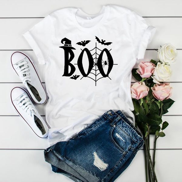 

women lady t shirt boo spider witch printed tshirt ladies short sleeve loose tee shirt women female clothes graphic t-shirt, White