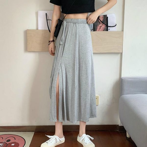 

spring summer cotton jersey chic split long skirts with sashes gray black1, Black