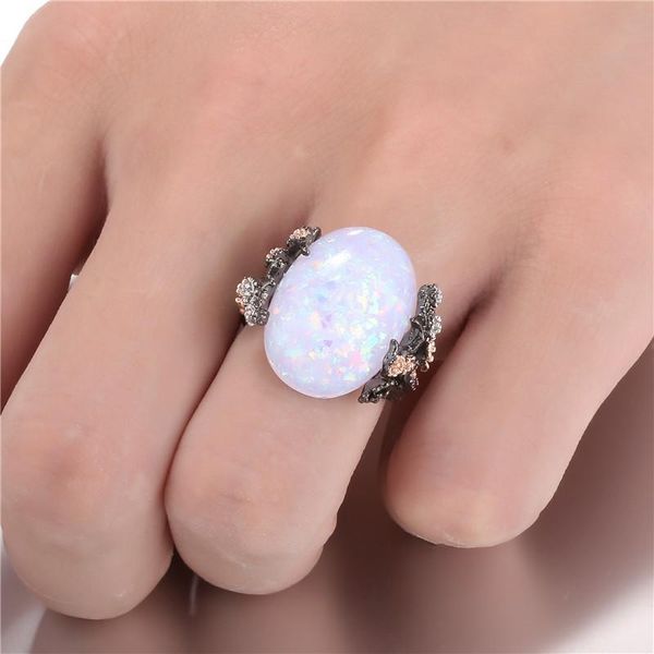 

amorui white fire opal natural stone rings for women vintage plum blossom tree flower cz stone rings drop shipping wholesale, Golden;silver