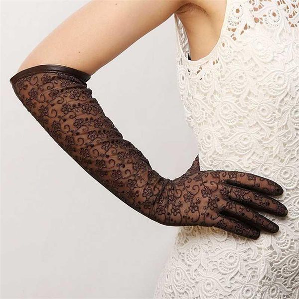 

five fingers gloves 2021 fashion rushed women 45cm long banquet lace sheepskin glove elbow solid real genuine leather l112n-51, Blue;gray