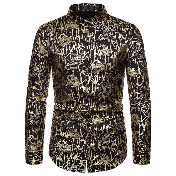 

nightclub casual men's fashion henry collar design shirt rose stamping long-sleeved shirt, White;black